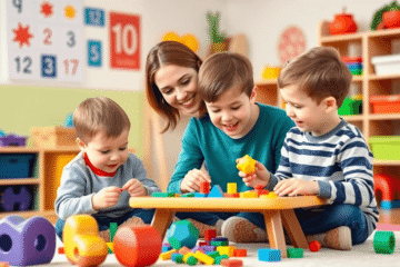 A cheerful preschool classroom with a mother and two boys playing colorful matching and counting games surrounded by bright shapes, numbers, and toys.