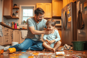 A warm kitchen with a parent comforting a child amid playful messes like peanut butter on the floor and crayon drawings on the fridge, bathed in so...