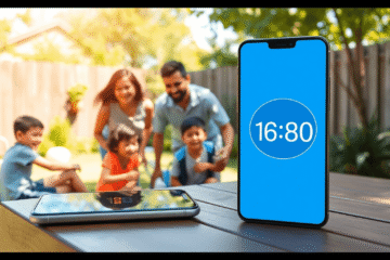 A cheerful family in a sunny backyard with children playing outside and a smartphone on a table displaying a screen time timer.