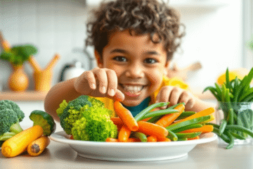 A cheerful kitchen scene with colorful vegetables on a child-friendly plate and a happy young child reaching for them with curiosity.