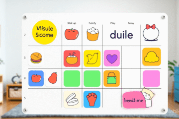 A colorful visual schedule board with icons for waking up, eating, playing, and bedtime against a cozy home background.