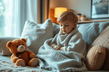 A cozy living room with a small child wrapped in a blanket, surrounded by pillows and a teddy bear, bathed in soft, warm light.