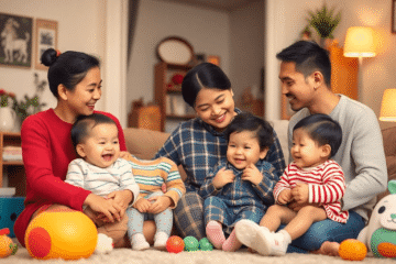 A family with parents and toddlers joyfully playing at home, surrounded by diverse toys and cozy settings, highlighting love and gentle parenting.