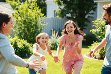 A happy family playing tag outdoors in a sunny backyard with vibrant greenery and joyful expressions.
