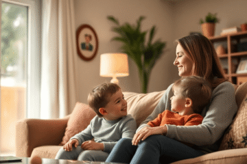 A mother and child sitting together in a cozy living room, sharing a heartfelt conversation amid warm lighting and comforting decor.