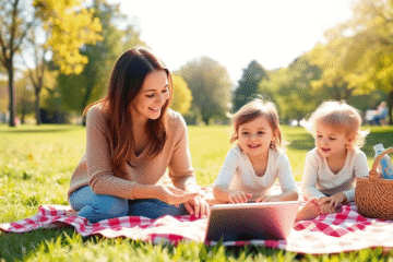 A mother and her two children happily playing outside in a sunny park with a tablet resting on a picnic blanket nearby.