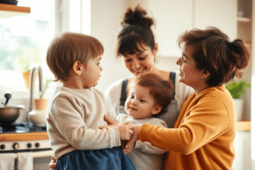 A mother and toddler share a tender moment in a warmly lit kitchen, showcasing empathy and nurturing parenting in a realistic style.