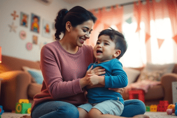 A mother gently comforting her toddler during a tantrum in a cozy, colorful living room filled with toys and soft lighting.