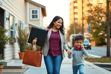 A mother holding a briefcase and picking up her smiling child from school, with a cozy home and busy city street in the background.