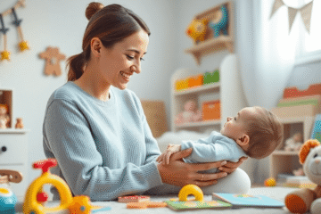 A mother warmly smiling and talking to her infant in a softly lit nursery filled with baby toys and colorful books.
