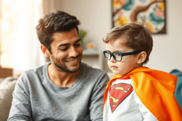 A parent calmly engaging with a young child in a colorful superhero cape in a warm, inviting home setting.