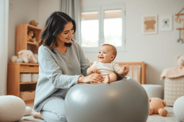 A parent gently bouncing a smiling baby on a large yoga ball in a cozy nursery with soft pastel colors and baby items.