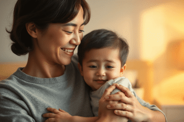 A realistic depiction of a parent gently embracing their child in a softly illuminated bedroom, both showing calm, loving expressions that convey warmth, security, and tenderness.