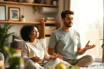 A parent peacefully meditating at home with soft natural light, surrounded by a journal and plants, creating a calm and mindful atmosphere.