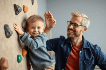 A smiling child climbing an indoor rock wall with a supportive parent nearby, in a warm and nurturing home setting.