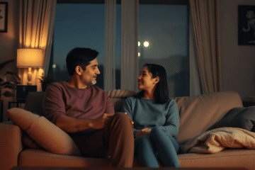 A warm, cozy living room at night with two people sitting on a couch, engaged in a heartfelt conversation under soft, gentle lighting.