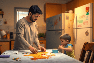 A warm kitchen with a parent gently cleaning up a toddler's spilled snack at a cluttered table, colorful crayon drawings on the fridge, and soft ev...