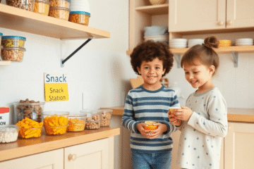Bright kitchen corner with organized snack containers on low shelves, a "Snack Station" sign, and two children happily choosing snacks independently.