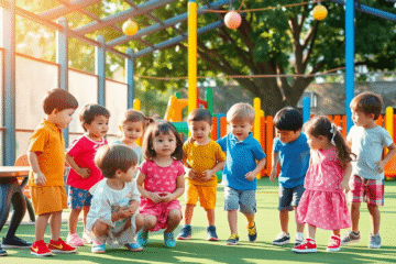 Children playing and interacting joyfully in a bright, colorful playground, symbolizing growth and social development.