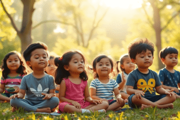 Children sitting peacefully outdoors, practicing mindfulness amid trees with soft sunlight, conveying calmness and emotional balance.