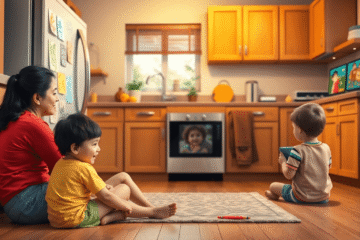 Cozy kitchen with a mother sitting on the floor, toddler playing, crayon drawings on the fridge, and a child calmly watching a tablet.