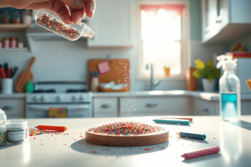 Cozy kitchen with sunlight, a hand sprinkling glitter on a craft project surrounded by colorful supplies on the table.