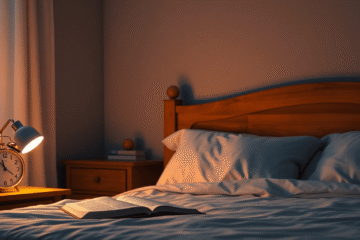Cozy teenage bedroom at night with a glowing bedside lamp, open book on bed, and clock showing late evening, evoking calmness and restful sleep.