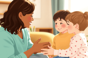 A warm and heartfelt scene of a caregiver gently helping children express their emotions through open conversation and comforting gestures, realistic style.