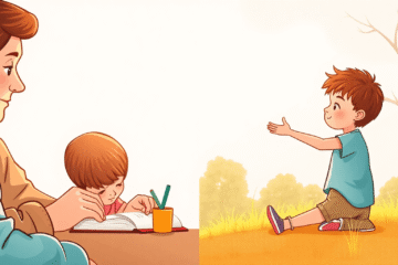 Illustration showing a parent watching a child do homework beside the child happily exploring outdoors, highlighting contrasting parenting styles.