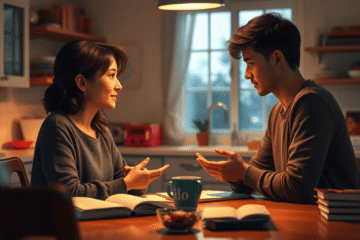 Mother and teenage son share a heartfelt late-night conversation at a cozy kitchen table with books and snacks, bathed in soft, warm lighting.