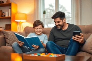 Parent and child enjoying a board game together in a cozy living room, with digital devices set aside in the background.