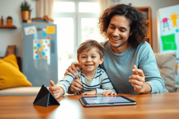 Parent and child happily setting screen time rules in a cozy living room, with a tablet off on the table and colorful children's drawings on the fr...
