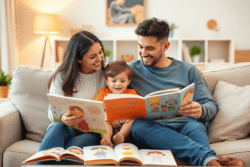 Parent and child sitting on a cozy couch, sharing colorful emotion-themed books and drawings, smiling warmly in a bright, homey living room.