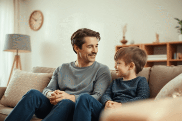 Parent and child sitting together in a cozy, softly lit living room, sharing a heartfelt conversation with attentive expressions.