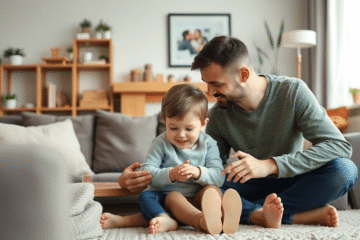 Parent calmly talking to toddler in cozy living room, highlighting positive parenting and gentle communication.