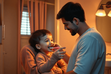 Parent gently brushing toddler's teeth in a cozy, softly lit bathroom, capturing a warm and nurturing bedtime moment.