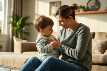 Parent gently comforting toddler in cozy living room with soft natural light, showing calmness and understanding after a minor mishap.