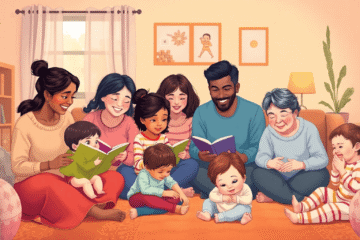 Parents engaging in storytelling, singing, and playing with toddlers in a cozy, warm home setting.