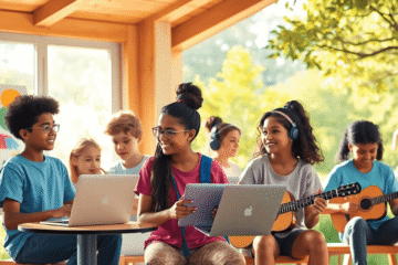 Teenagers engaged in painting, coding, music, and sports outdoors with supportive adults in a bright, positive setting symbolizing exploration and ...