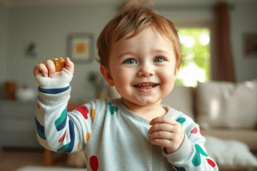 Toddler in mismatched clothes and inside-out socks smiles confidently, holding a snack in a cozy home setting.