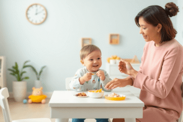 Toddler joyfully eating snacks at a small table, guided by a calm parent, surrounded by soft pastels and playful learning elements in a cozy home.