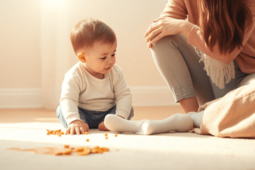 Toddler sitting on floor with spilled snack, gently comforted by calm parent in soft pastel tones, highlighting emotional connection and nurturing ...