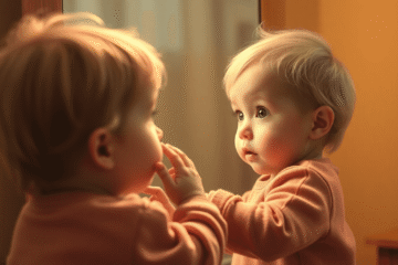 Toddler with wide eyes gently touching their reflection in a softly lit mirror, capturing a tender moment of self-recognition.
