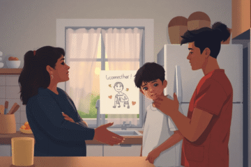 Warm kitchen scene with a stepparent gently engaging a moody teen, colorful drawing on fridge, soft evening light creating a calm, empathetic atmos...