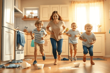 A bright kitchen with a smiling mother and two boys racing amidst scattered clothes and spilled yogurt, capturing lively morning family chaos.