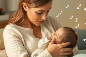 A mother gently holding her sleeping baby, surrounded by soft floating musical notes, creating a warm and cozy atmosphere.