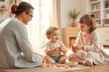 Toddler sitting on floor with scattered snacks, calm parent nearby in a bright, cozy room with soft pastel colors, capturing a gentle, loving moment.