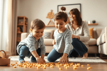 Toddler smiling while picking up crackers from the floor, guided by a parent in a cozy, sunlit living room.